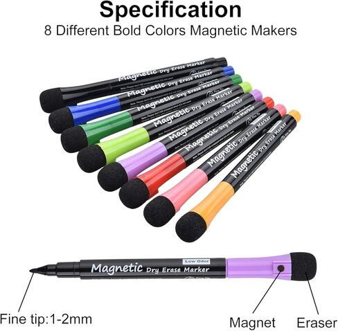 Magnetic Dry Erase Markers, (8 Pack) Dealkits Low Odor White Board Markers Whiteboard Markers with Erasers for Kids Teacher Supplies for Classroom Work on White Board, Calender, Fine Tip Point in Saudi Arabia