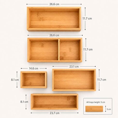 5-Piece Bamboo Drawer Organizer Set – Versatile Storage Trays for Kitchen, Bathroom, Office, Makeup, Jewelry & More – Drawer Dividers, Utensil Organizer & Storage Bin Set (5 Pieces) in Kuwait