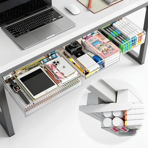 TooCust 3 Pack Under Desk Drawer Slide Out Storage Organizer, Clear White 3 Sizes (S/M/L), Dual-Mount Hidden Table Tray for Tablets, Planners & Office Supplies in Kuwait
