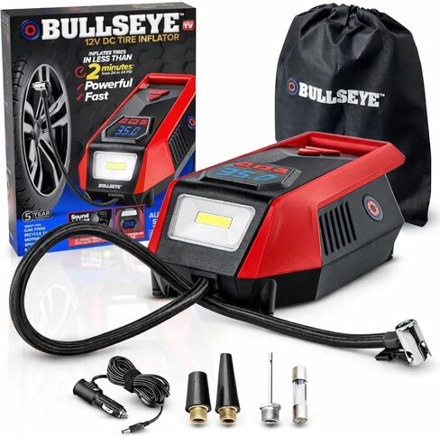 Bullseye 12V DC Car Tire Inflator Portable Air Compressor - Rapid 2 Minute Inflation, Auto Shut-Off, Max 150 PSI, Easy Cord Storage, Digital Pressure Gauge, Works For Bikes, Motorcycles, Inflateables in Saudi Arabia