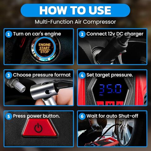 Bullseye 12V DC Car Tire Inflator Portable Air Compressor - Rapid 2 Minute Inflation, Auto Shut-Off, Max 150 PSI, Easy Cord Storage, Digital Pressure Gauge, Works For Bikes, Motorcycles, Inflateables in Saudi Arabia