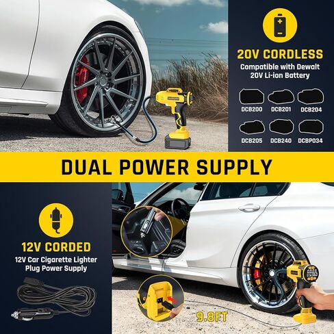 Portable Tire Inflator Air Compressor Compatible with Dewalt 20V Battery, DC 12V Car Power Supply, 160PSI Cordless Air Pump with LCD Pressure Gauge, LED Light, 5 Preset Modes for Car, Bike, Ball in Saudi Arabia