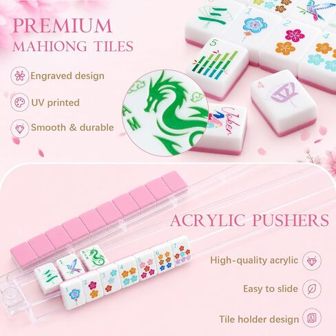 Pink 1.2 Inch American Mahjong Set 168 Bloom Floral Double Layer Acrylic Tiles with Mat Racks Pushers Carrying Box and Bag Complete Mahjong Tile Set for Collection Gifts Party Game (Medium) in Saudi Arabia