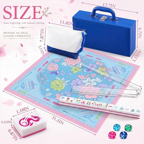 Pink 1.2 Inch American Mahjong Set 168 Bloom Floral Double Layer Acrylic Tiles with Mat Racks Pushers Carrying Box and Bag Complete Mahjong Tile Set for Collection Gifts Party Game (Medium) in Saudi Arabia