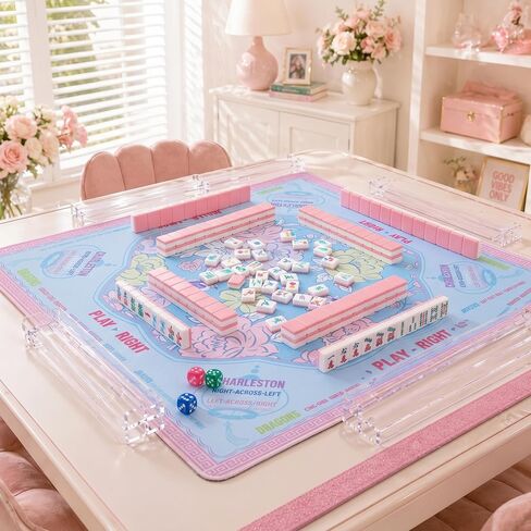 Pink 1.2 Inch American Mahjong Set 168 Bloom Floral Double Layer Acrylic Tiles with Mat Racks Pushers Carrying Box and Bag Complete Mahjong Tile Set for Collection Gifts Party Game (Medium) in Saudi Arabia