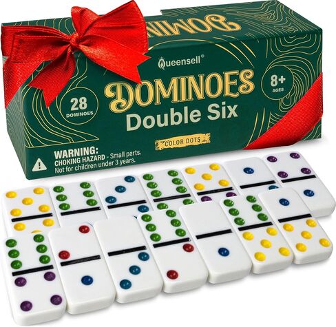 Queensell Dominos Set for Adults and Kids with Colored Dots – Double 6 Dominoes Set – Classic Board Game for Kids and Adults – Double Six Standard Dominos Set with 28 Tiles in Saudi Arabia