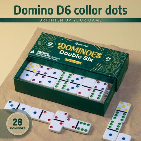 Queensell Dominos Set for Adults and Kids with Colored Dots – Double 6 Dominoes Set – Classic Board Game for Kids and Adults – Double Six Standard Dominos Set with 28 Tiles in Saudi Arabia