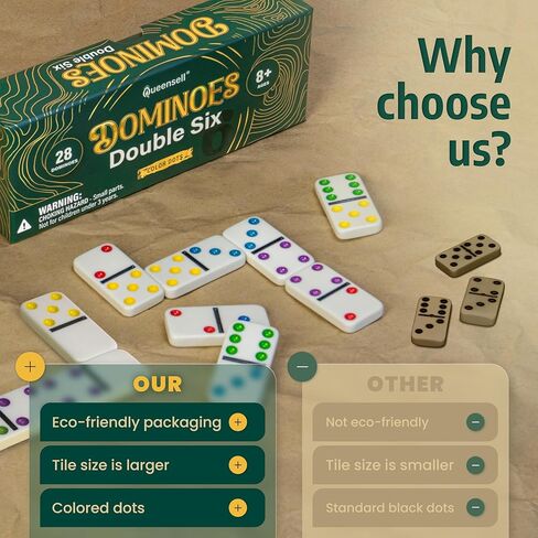 Queensell Dominos Set for Adults and Kids with Colored Dots – Double 6 Dominoes Set – Classic Board Game for Kids and Adults – Double Six Standard Dominos Set with 28 Tiles in Saudi Arabia