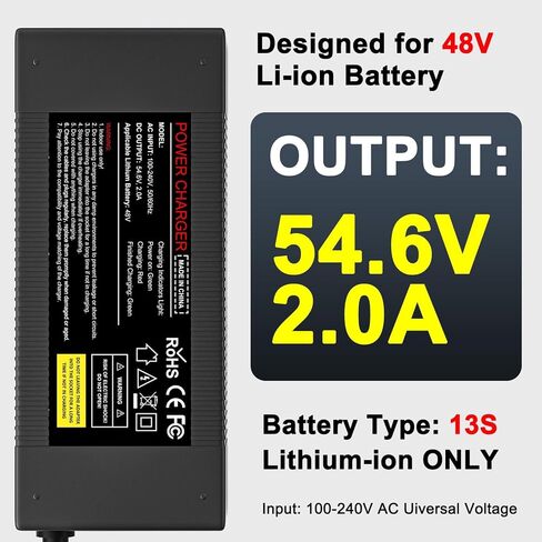 PUKOKAL 54.6V 2A شاحن دراجة كهربائية متعدد الموصلات لبطاريات الليثيوم 48V 7 في 1 شاحن بطارية سكوتر كهربائي مع مقابس قابلة للتبديل متوافقة مع 48V Jetson Gotrax Hiboy in Kuwait