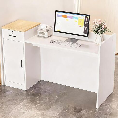 Reception Desk, Retail Counter with Outer Display Shelf & Lockable Drawer, Modern Front Desk Reception Room Table, Checkout Table for Lobby, Shop, Home Office (Left Hand Cabinet, 39.37 in) in Saudi Arabia
