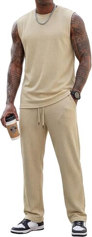 JMIERR رجل 2 قطعة ضلع متماسكة Sweatsuit الصيف أكمام تانك الأعلى فضفاض واسعة الساق السراويل مجموعة عطلة الشاطئ الزي للرجال in Saudi Arabia
