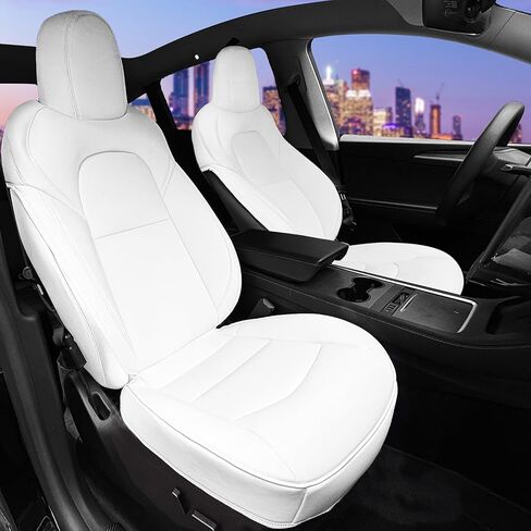 غطاء مقعد السيارة الأمامي قطعتين مجموعة كاملة من جلد نابا، أغطية مقاعد طراز Tesla 3/Y، واقي داخلي مقاوم للماء لعام 2020 2021 2022 2023 2024 موديل Y/3 (أبيض) in Kuwait