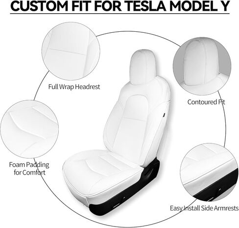 غطاء مقعد السيارة الأمامي قطعتين مجموعة كاملة من جلد نابا، أغطية مقاعد طراز Tesla 3/Y، واقي داخلي مقاوم للماء لعام 2020 2021 2022 2023 2024 موديل Y/3 (أبيض) in Kuwait