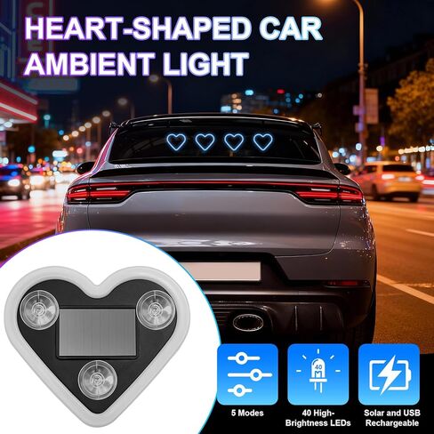 ضوء نيون LED على شكل قلب | قابلة للشحن بالطاقة الشمسية و USB | عبوة من قطعتين من المصابيح الداخلية للسيارة باللون الأزرق مع أكواب شفط | 40 مصباح LED عالي السطوع لإضاءة السيارة المحيطة، 5 أوضاع in Kuwait