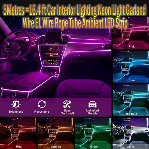 ABALDI El Wire Neon Light Car Interior LED Lights, Ambient Lighting Kits for Xmas Halloween Christmas Car Decoration(5m/16ft, Ice Blue) in Saudi Arabia
