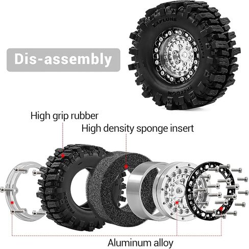 عجلات وإطارات Beadlock مقاس 1.3 بوصة لزاحف SCX24 TRX4M 1/18 1/24 RC - إطارات CNC من الألومنيوم، إطارات مطاطية مع حشوات إسفنجية، أجزاء مطورة (فضي) in Kuwait