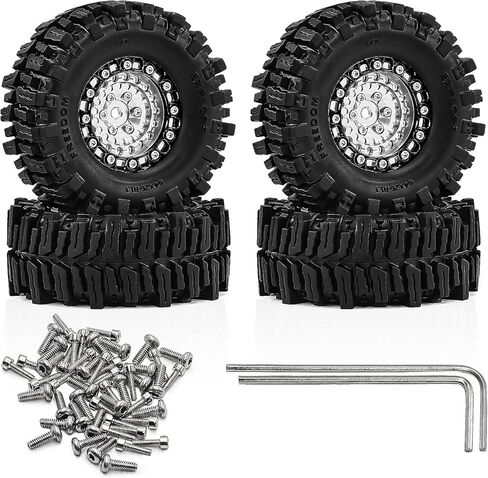 عجلات وإطارات Beadlock مقاس 1.3 بوصة لزاحف SCX24 TRX4M 1/18 1/24 RC - إطارات CNC من الألومنيوم، إطارات مطاطية مع حشوات إسفنجية، أجزاء مطورة (فضي) in Kuwait