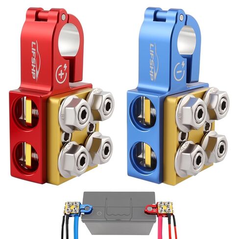 Battery Terminal Connectors, Red Positive Blue Negative Top Post Set, 4 x 2/0 AWG Inputs, 4 x 8MM Top & 3 x 6MM Bottom Studs, for SAE/DIN/EN Tapered Posts in Saudi Arabia