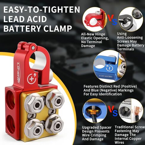 Battery Terminal Connectors, Red Positive Blue Negative Top Post Set, 4 x 2/0 AWG Inputs, 4 x 8MM Top & 3 x 6MM Bottom Studs, for SAE/DIN/EN Tapered Posts in Saudi Arabia