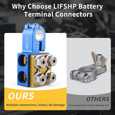 Battery Terminal Connectors, Red Positive Blue Negative Top Post Set, 4 x 2/0 AWG Inputs, 4 x 8MM Top & 3 x 6MM Bottom Studs, for SAE/DIN/EN Tapered Posts in Saudi Arabia