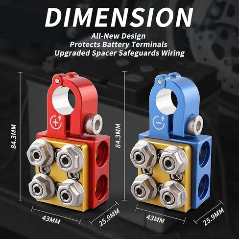 Battery Terminal Connectors, Red Positive Blue Negative Top Post Set, 4 x 2/0 AWG Inputs, 4 x 8MM Top & 3 x 6MM Bottom Studs, for SAE/DIN/EN Tapered Posts in Saudi Arabia