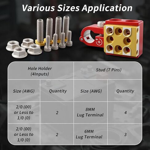 Battery Terminal Connectors, Red Positive Blue Negative Top Post Set, 4 x 2/0 AWG Inputs, 4 x 8MM Top & 3 x 6MM Bottom Studs, for SAE/DIN/EN Tapered Posts in Saudi Arabia