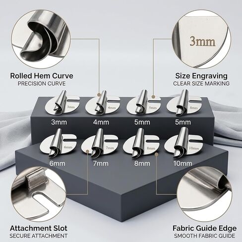 مجموعة أقدام ضاغطة بحاشية ملفوفة 8 قطع 3/4/5/6/7/8/9 مم للخياطة المنزلية والخياطة الاحترافية، قدم ضاغط بحاشية ملفوفة، قدم حاشية ملفوفة من الفولاذ المقاوم للصدأ مع 8 مقاسات للدرزات المنحنية والأقمشة الرقيقة in Kuwait
