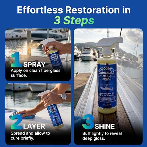 Woody Wax Carnauba Glass Coat, Professional Non-Yellowing Boat Spray, High Gloss Topside & Hull Wax for Fiberglass & Gel Coat, 6 Month Lasting Weatherproof UV Protection for Boats & Yachts, 16 oz in Saudi Arabia