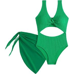 Milumia Girl's Cut Out One Piece Swimsuit V Neck Twist Front Bathing Suit with Coverup Skirt