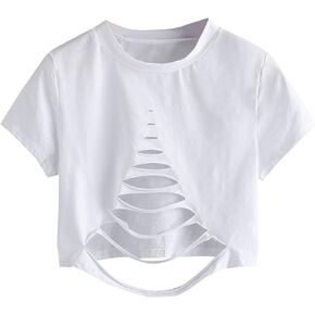 SweatyRocks Women's Short Sleeve Cutout Tee Shirt Distressed Crop Top