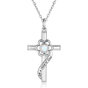 I am a Child of God Necklace - 925 Sterling Silver Opal Flower Cross Pendant Baptism Jewelry First Communion Gifts for Women Girls Goddaughter