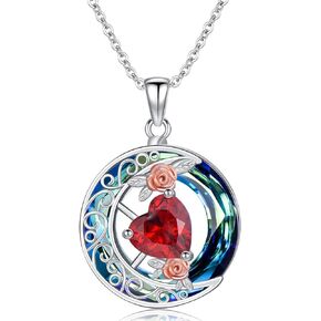 Crescent Moon Austrian Crystal Necklace 925 Sterling Silver Circle Crystal Pendant Necklace Moon Rose Heart Crystal Jewelry Gift for Women Girls