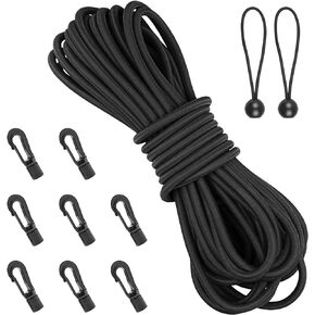 Bungee Shock Cord,Elastic Rope,Bungee Straps,Kayak Elastic Cord,Marine Grade Shock Cord Ends,Kayak Bungee Cord Replacement Kit,Stretch String with Hooks& Bungees Ball Cords - 1/4'' x 19.6ft, Black
