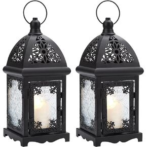 Candle Lantern Holder, Image 2 Pcs Metal Candle Lantern Holder with Transparent Glass, Vintage Hanging Lantern Tabletop Decoration Birdcage for Home Décor and Wedding White