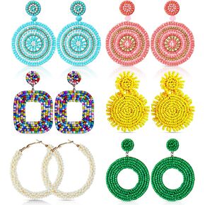 6 Pairs Beaded Drop Earrings Handmade Seed Bead Earrings Bohemian Colorful Earrings Dangle Beaded Statement Earrings Lightweight Beach Dangling Earrings Jewelry for Women Girls