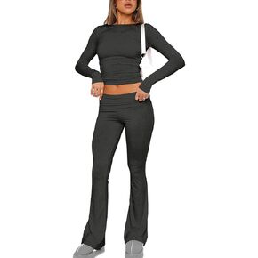 Women's Casual 2 Piece Outfits Long Sleeve Tight Cropped Top and Fold Over Flare Pants Set Lounge Yoga Tracksuits
