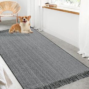 Black Washable Kitchen Rug - 2x3 Small Boho Woven Area Rug with Tassel, Washable Entryway Rug for Bathroom Kitchen Indoor Bedroom, Cotton