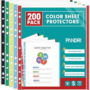 Sheet Protectors, PANDRI 500 Pack Color Heavy Duty Plastic Page Protectors Sheet Reinforced 11-Hole Fit for 3 Ring Binder Fits Standard 8.5 x 11 Paper, 9.25 x 11.25 Top Loaded, Excluding Acid