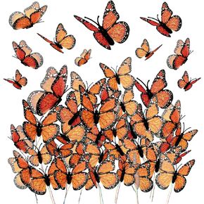 Waydress 48 Pieces Halloween Monarch Butterfly Decorations 3 Size Artificial Monarch Butterflies Wall Decor 3D Butterfly Wings Wall Art with Wires for Fall Wedding Home Bedroom Wall Decorations