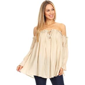 Anna-Kaci Womens Semi Sheer Boho Peasant Long Sleeve Off The Shoulder Top