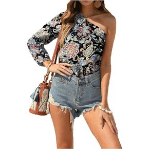 Floerns Women's Boho One Shoulder Vintage Floral Print Long Sleeve Blouse Top