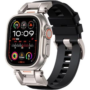 R-Steel FKM Band Designed for Apple Watch Ultra 2 / Apple Watch Ultra 49mm for Men, Rugged Strap with Stainless Steel Connector for iWatch Series 9/8/SE2/7/6/SE/5/4/3/2/1 45mm/44mm/42mm