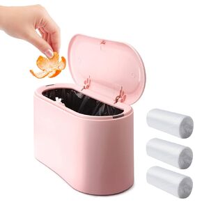 Mini Desk Trash Can with Lid with 90 Pcs Trash Bag, Lint Bin 0.5 Gallon Countertop Waste Bin for Table Tiny Garbage Can for Office Bedroom (Pink)