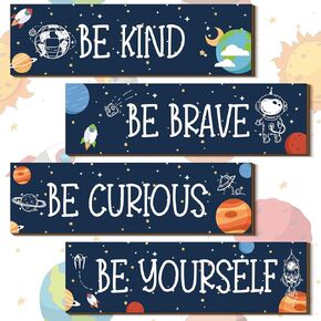 4 PCS Space Themed Bedroom Decor Inspirational Wall Art Decor Motivational Hanging Plaque Sign Outer Space Room Decor Outer Space Nursery Decor for Boys Kids Playroom Classroom Decor (Black)