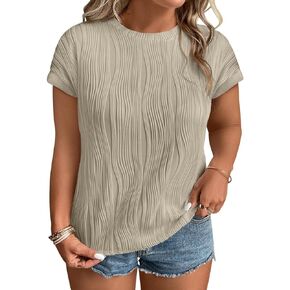 Eytino Womens Plus Size Tops Crewneck Short Sleeve Textured T Shirts Solid Casual Loose Basic Tops(1X-5X)