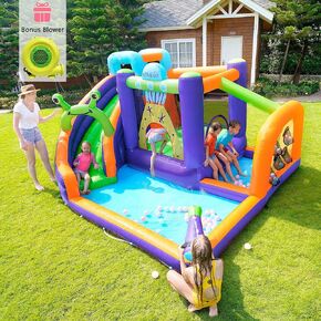 HECCEI Giant Inflatable Water Bounce House with Trampoline, Water Slide, and Pool, with 750W Air Blower and a Carry Bag (Global Limited Edition)