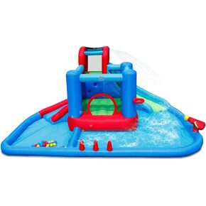 Action Air Water Slide, Inflatable Waterslides and Bouncy Castle All-in-one, Large Pool with 30 Pit Balls & 2 Dart Balls, Blue Bounce House with Double Slide for Wet and Dry, Love for Kids