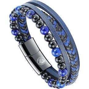Casisto.J Mens Leather Bracelet – Beaded Perlen Classic Handmade Multi-Layer Braided Black & Brown Cuff Cowhide Bracelet volcanic rock with Engraved Magnetic Clasp Free Jewelry Gift Boxed