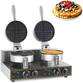 2400W Commercial Waffle Maker Double Waffle Irons Electric Nonstick Waffle Cone Maker Round Waffle Maker Machine for Commercial/Household Kitchens, Cafes, Restaurants