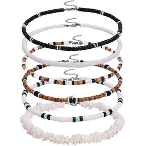 WAINIS 6Pcs Puka Shell Necklace for Men White Seashell Necklace Summer Beach Surfer Necklace Coconut Beads Hawaiian Pooka Choker